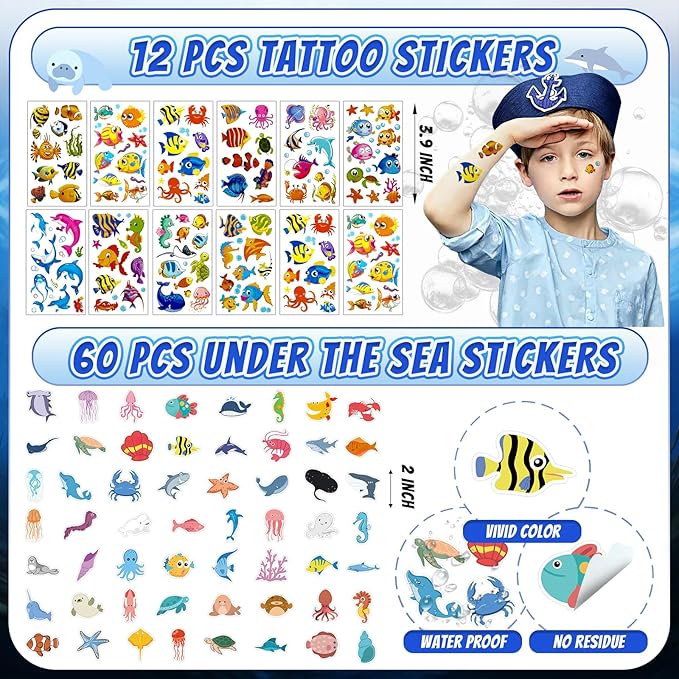 144 Pcs Under the Sea Party Favors Set with Keychains Slap Bracelet Scratch Art Tattoo Stickers Wristbands Treat Boxes Ocean Party Favors Under the Sea Party Decorations
