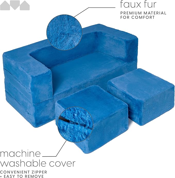Kids Modular Sofa Blueberry Fur with Round Pillow, Kids Sofa for Toddler and Baby Playroom/Bedroom Furniture with Bonus Pillow