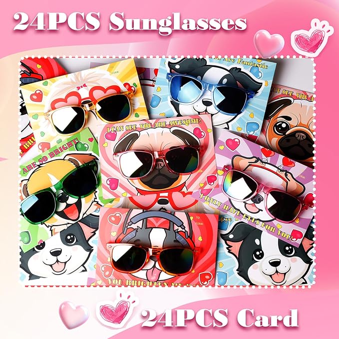 24PCS Valentines Day Gift Cards with Glasses Valentine's Day Fun Dog Face Cards Easter Party Favors Easter Basket Stuffers Accessories for Kids Classroom Exchange Gifts Beach Pool Party Supplies