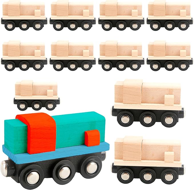 12 Pcs Wooden Trains Toys Unpainted Wood Train Cars Weak Magnetic Suction Paintable Wooden Railway for Kids Educational Toys Birthday Christmas Party Gifts (Style Set 2)