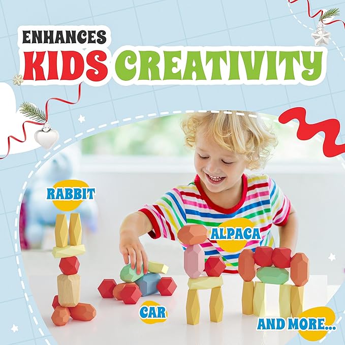 36 Pcs Wooden Stacking Blocks – Montessori Toys for 1 2 3 4 5 6 Year Old Toddlers and Kids, XL Rocks, No Choking Hazard – Sensory STEM Building Stones, for Girls and Boys