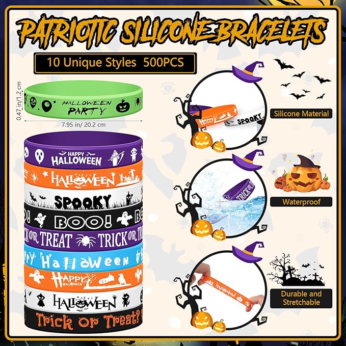 200 Pcs Halloween Rubber Wristbands Halloween Silicone Bracelets Trick or Treat for Kids Halloween Party Favors for Kids Kids' Play Bracelets for Gifts Goodie Bag Fillers, 10 Styles