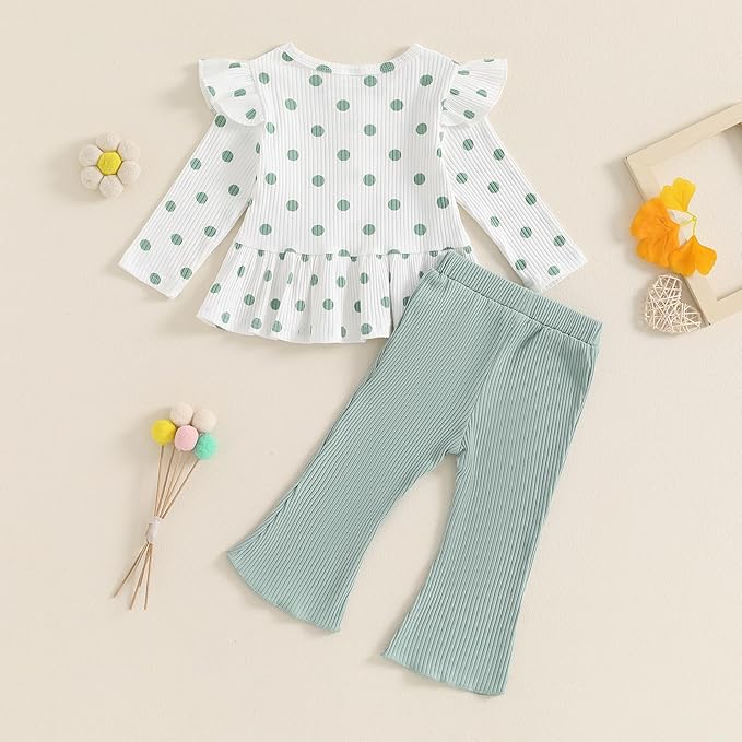 Mubineo Toddler Baby Girl Clothes Cute Ribbed Outfits Knit Long Sleeve Shirt Tops Bell Bottom Pant Fall Winter Outfit