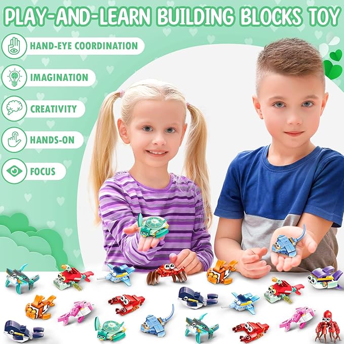24 Pack Valentine Gifts for Kids 8-12, Marine Animal Building Blocks Kit with Gift Cards for Kids School Classroom, Party Favors Exchange for Boy Girl, Kid Valentine Basket Stuffers Egg Filler