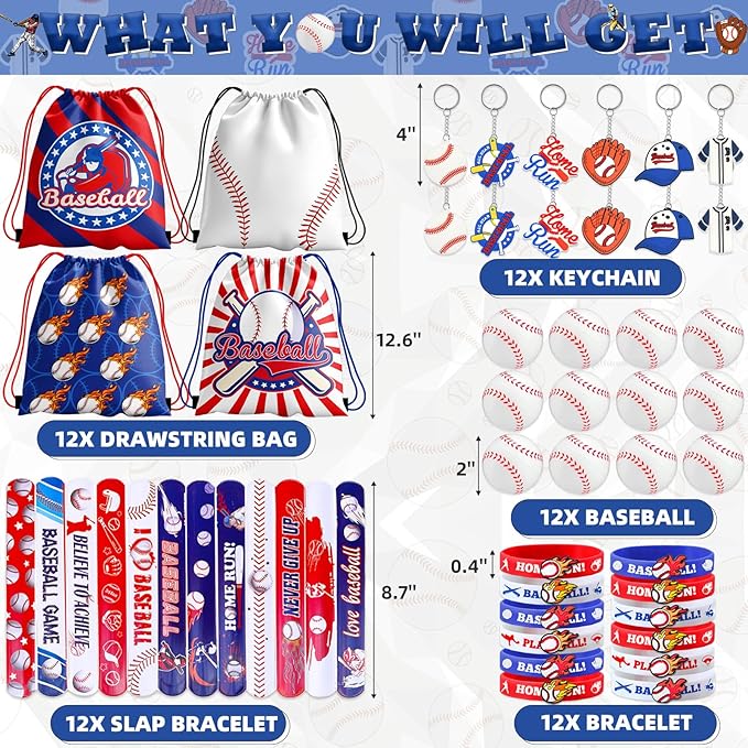 60 Pcs Baseball Party Favors, Baseball Birthday Party Favors Includes Baseball Bag Mini Baseball Wristband Keychain Slap bracelet for Kids Baseball Birthday Party Supplies