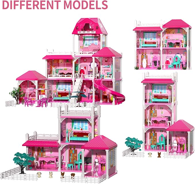 TEMI Villa Toys for 3 4 5 6 7 8 Years Old Girls - 3 Storeys 8 Rooms, Indoor Playset with 2 Dolls Toy Figures, Toys Furniture and Accessories, Pretend Girls Plays, Building Toys, Gifts Toy