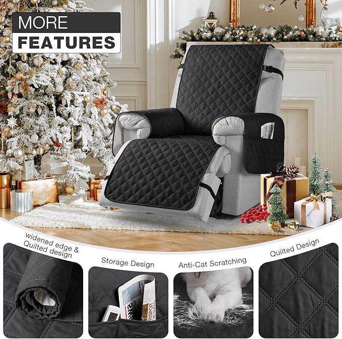 TAOCOCO Waterproof Recliner Chair Covers with Leg Strap 1 Piece Oversized Recliner Covers for Large Recliner for Pets Kids, Washable Reclining Chair Furniture Protector(28'' Oversized, Black)