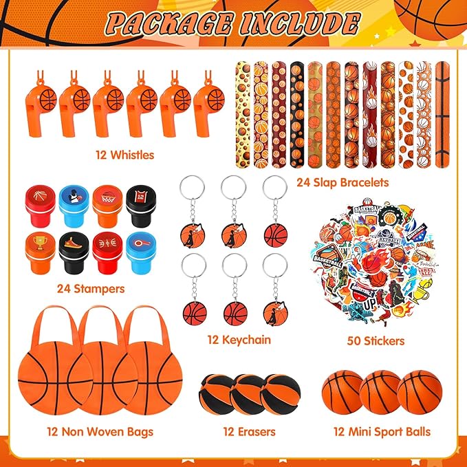Aoriher 158 Pcs Basketball Party Favors Set Bulk Sport Non Woven Gift Bags Slap Bracelets Mini Bouncy Balls Toy Whistle Keychains Sticker Stampers for Sport Party Supplies(Basketball)