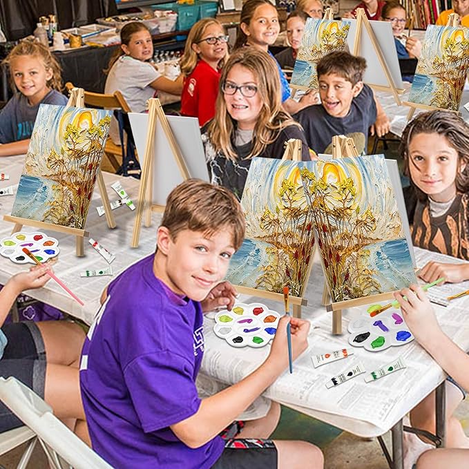 217 Pcs Art Painting Kit Supplies Set for Kids to Party - 120 Paint Brushes, 24 Acrylic Paints, 12 Wood Easels & Canvas Panels & Palettes & Aprons & Wash Pen Cup, 1 Plastic Tablecloth