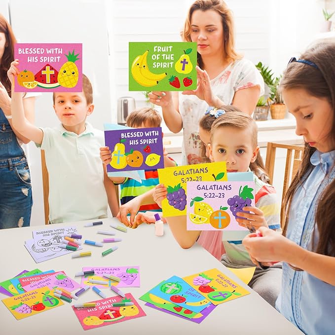 30 Sets Fruit of The Spirit Sand Art Kits for Kids DIY Sunday School Craft Sand Painting Cards Set for Children DIY Arts Religious Fruit of The Spirit Theme Classroom Home Party Supplies