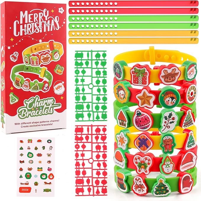 Kids Silicone Bracelets with Stickers & Accessories - Colorful Adjustable Wristbands Rubber Bracelet Set for Boys Girls Dress Up Decorations Party Favors Supplies Christmas Birthday Gift