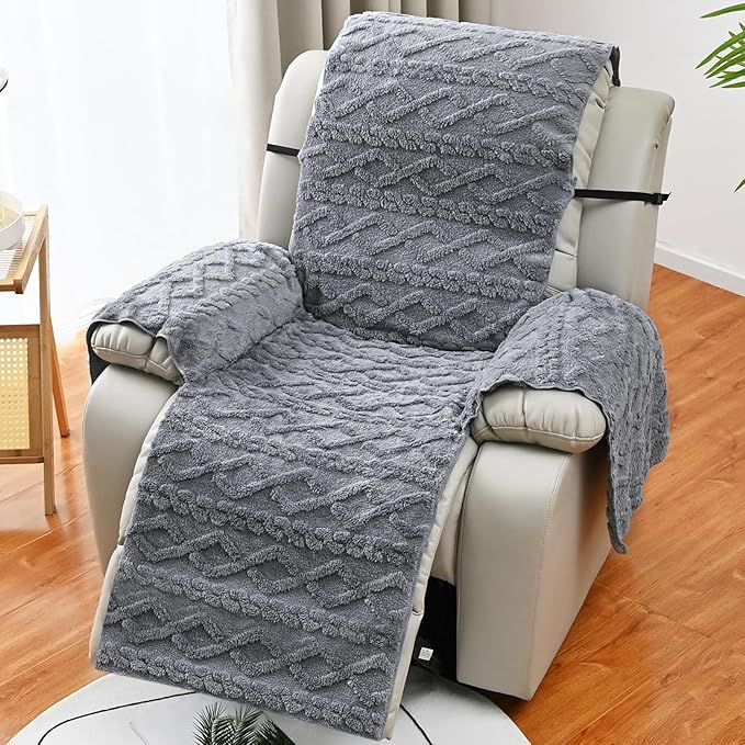 vctops Geometric Jacquard Plush Recliner Chair Cover Soft Fuzzy Fluffy Reclining Chair/Furniture Protector with Elastic Straps for Kids, Pets(Grey,21.7")