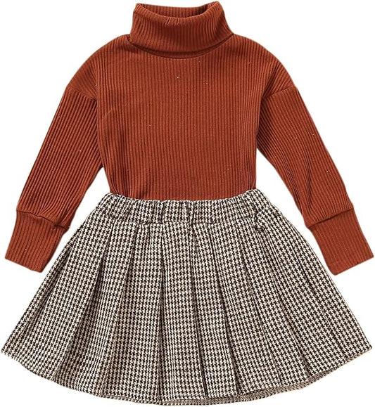 Fernvia Toddler Baby Girl Fall Winter Skirt Set Turtleneck Ribbed Long Sleeve T-Shirt Top & Plaid Skirts Dress 2Pcs Outfits