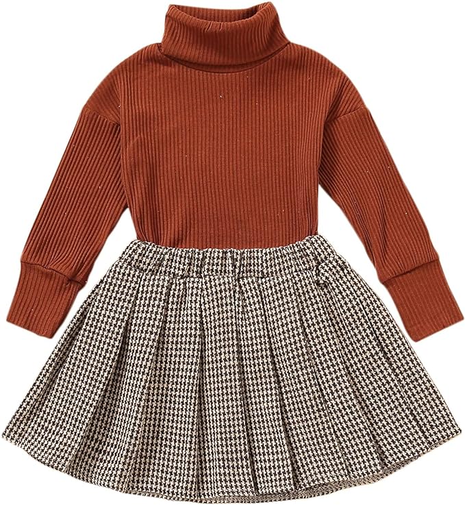 Fernvia Toddler Baby Girl Fall Winter Skirt Set Turtleneck Ribbed Long Sleeve T-Shirt Top & Plaid Skirts Dress 2Pcs Outfits