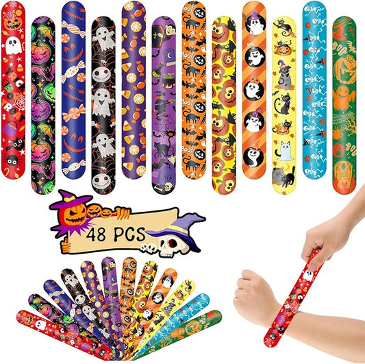 48 Pieces Halloween Slap Bracelets Bulk Party Favors for Kids - 12 Designs Spooky Snap Bands, Trick-or-Treat Goodie Bag Fillers, Classroom Prizes Accessories, Wrist Decorations Gifts Supplies