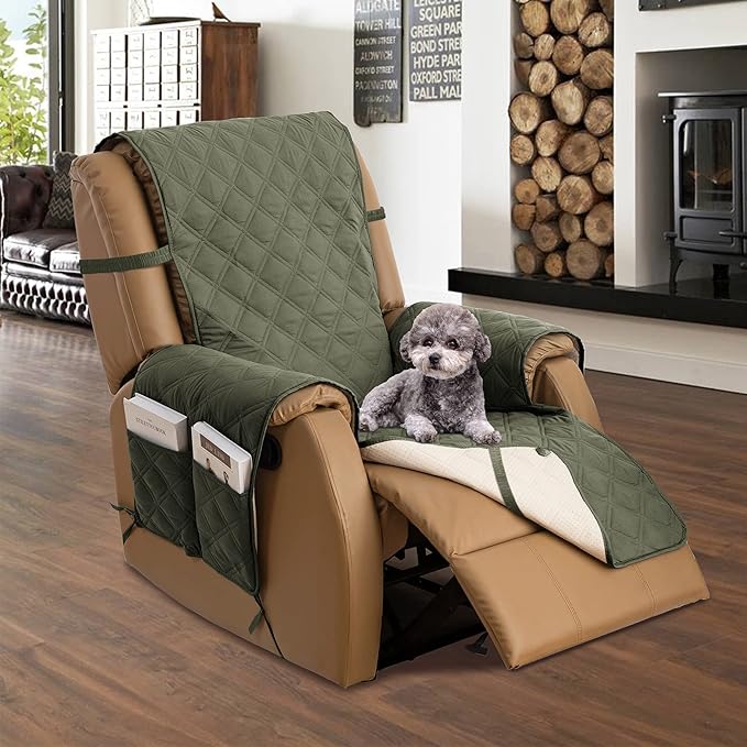TOMORO Non-Slip Oversized Recliner Cover, 100% Waterproof Quilted Recliner Chair Slipcover Furniture Protector with Pockets, Washable Couch Cover with Elastic Straps for Kids and Pets