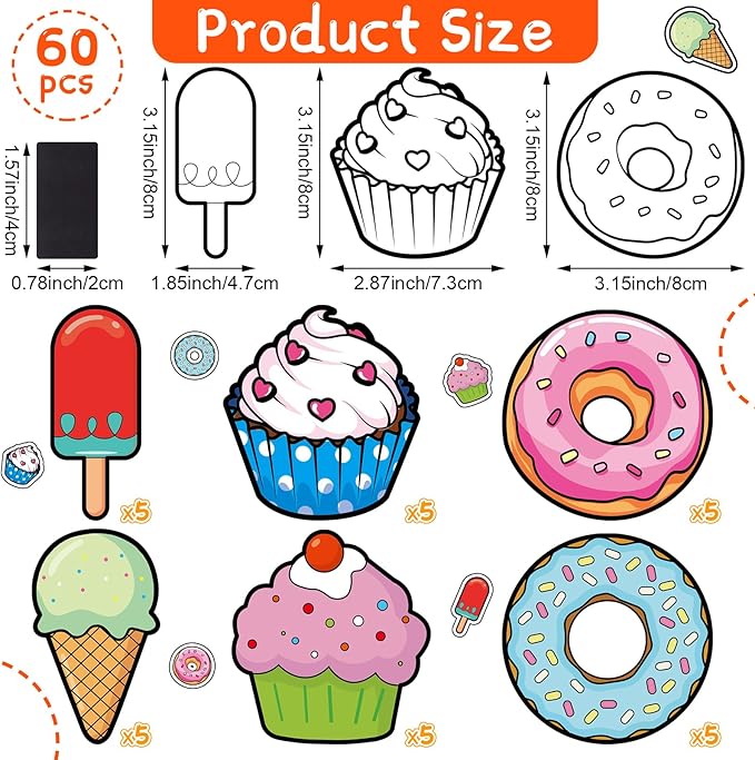30 Pcs Dessert Crafts Color Your Own Sweet Treat Magnets for Kids DIY Coloring Ice Cream Magnet Kits for Art Donut Party Favors Birthday School Activities Ornaments