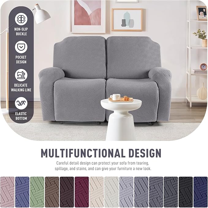 KinCam Recliner Covers, Stretch Reclining Chair Covers, Recliner Sofa Slipcovers Stripe Jacquard Recliner Couch Covers Furniture Protector Covers for Pet Kid (2XL Seater, Light Gray)