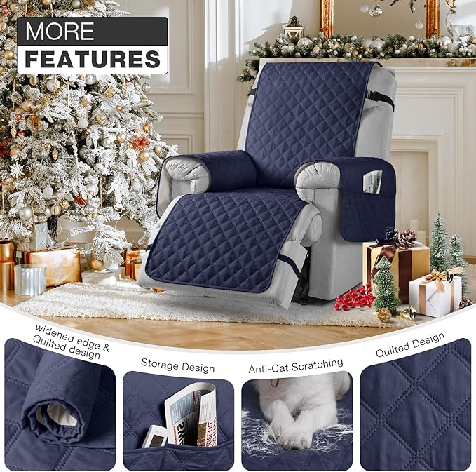 TAOCOCO Non-Slip Recliner Chair Cover Sofa Slipcover, Pet Cover for Large Recliner with Elastic Straps, Washable Chair Seat Cover Recliner Chair Furniture Protector (28'' Oversized, Dark Blue)