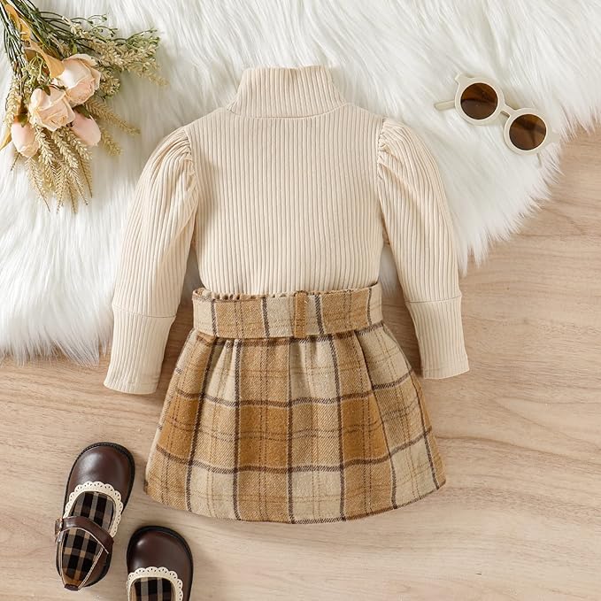 Fernvia Toddler Baby Girl Fall Winter Skirt Set Turtleneck Ribbed Long Sleeve T-Shirt Top & Plaid Skirts Dress 2Pcs Outfits