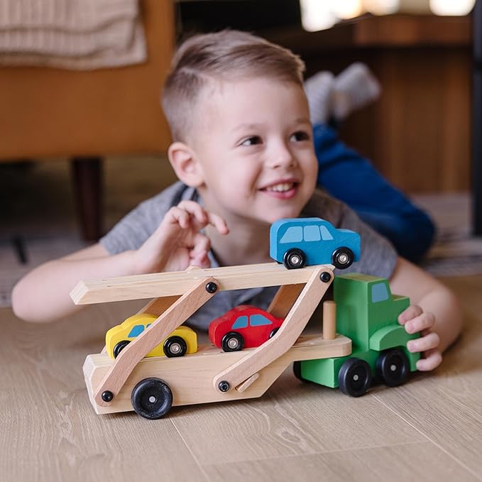 Melissa & Doug Car Carrier Truck and Cars Wooden Toy Set With 1 Truck and 4 Cars Wooden Vehicle Toys, Push And Go Trucks For Toddlers And Kids Ages 3+