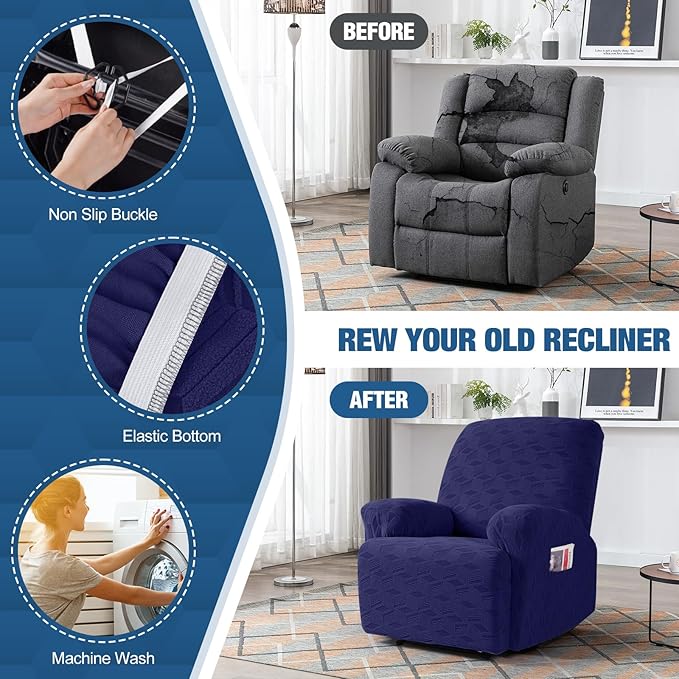TAOCOCO Oversized Recliner Cover Stretch Recliner Chair Covers, Jacquard Reclining Chair Cover, Furniture Protector Sofa Slipcovers Couch Covers with Elastic Bottom for Kids, Pets (Dark Blue)