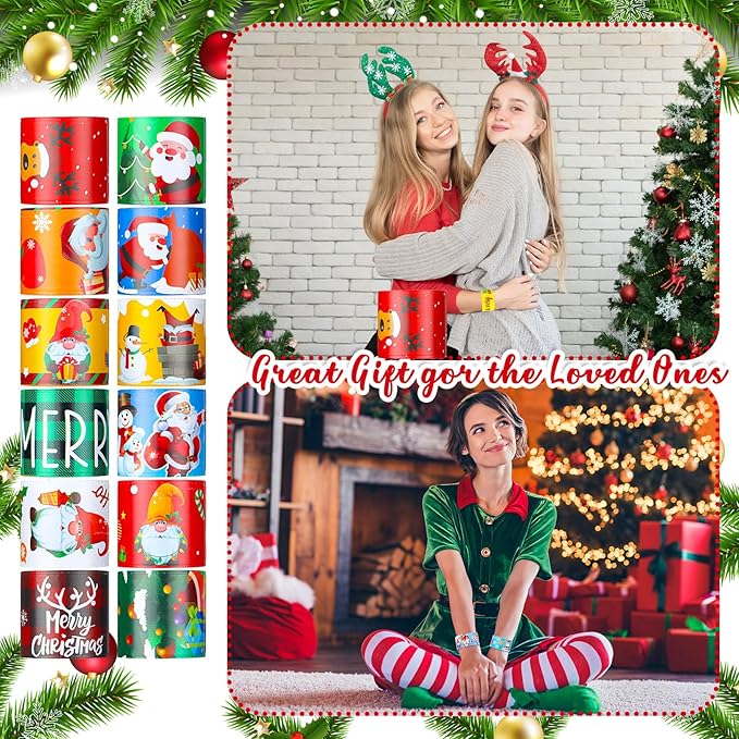 240 Pcs Christmas Slap Bracelets Bulk Santa Theme Christmas Party Favors Holiday Snap Bracelets Kids Xmas Slap Bands for Birthday Party Gifts Stocking Stuffers Classroom Prizes, 24 Designs