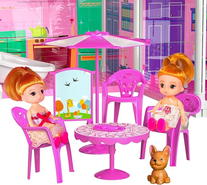 TEMI Villa Toys for 3-8 Years Old Girls - 3 Storeys 6 Rooms Indoor Playset with 2 Dolls, Furniture and Accessories, Pretend Girls Plays, Building Toys, Gifts for Kids 3-5