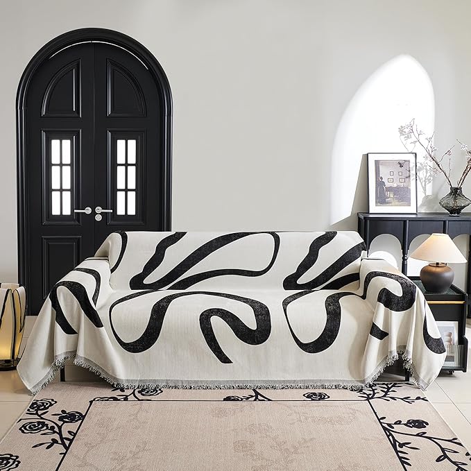 MYSKY HOME Couch Cover for 3 Cushion Couch Sofa Cover, Super Soft Boho Couch Covers for Dogs Washable, Jacquard Sofa Slipcover Furniture Protector for Living Room, 91" x 134", Black Curve