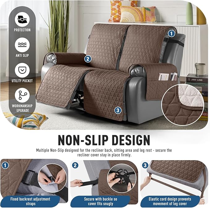 TAOCOCO 100% Waterproof Loveseat Recliner Cover-Recliner Cover with Non-Slip Granule, Recliner Chair Covers with Elastic Band,Washable Recliner Chair/Furniture Protector for Pets(Brown, 2 Seater)