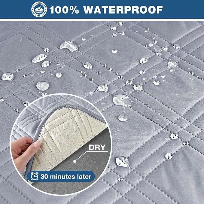 TAOCOCO 100% Waterproof Loveseat Recliner Cover with Anti Slip Backing, Split Loveseat Covers for Reclining Loveseat with Elastic Straps Furniture Protector for Kids Pets(2 Seater, Light Grey)