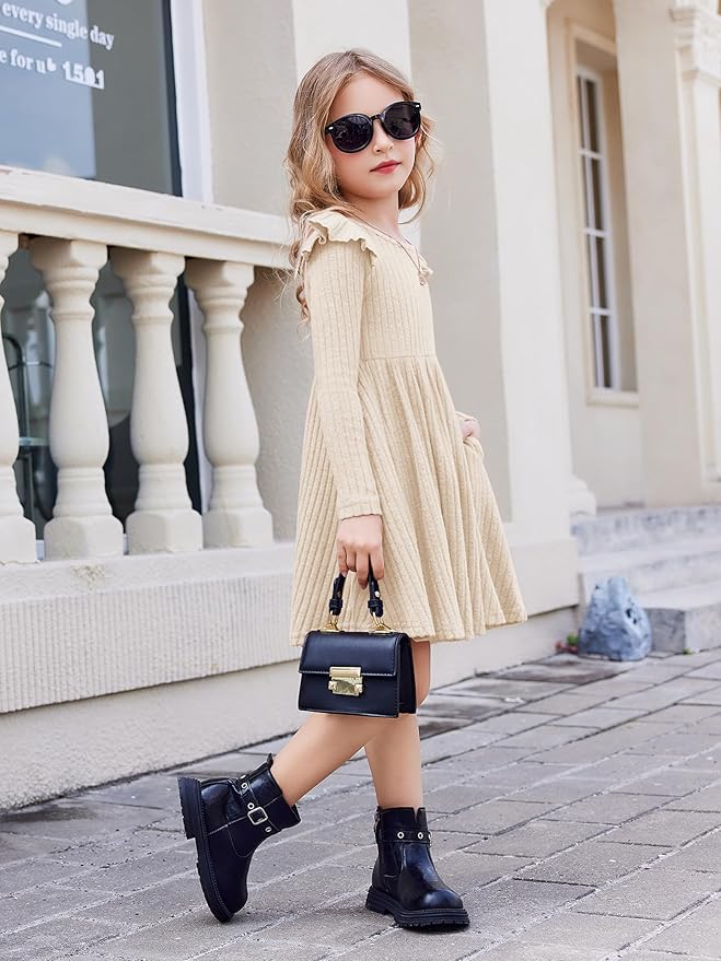 Arshiner Toddler Girl Dress Baby Girls Knitted Ruffle Sleeve Pocket Dresses A-Line Flared Fall Winter Clothes for 2-8 Years