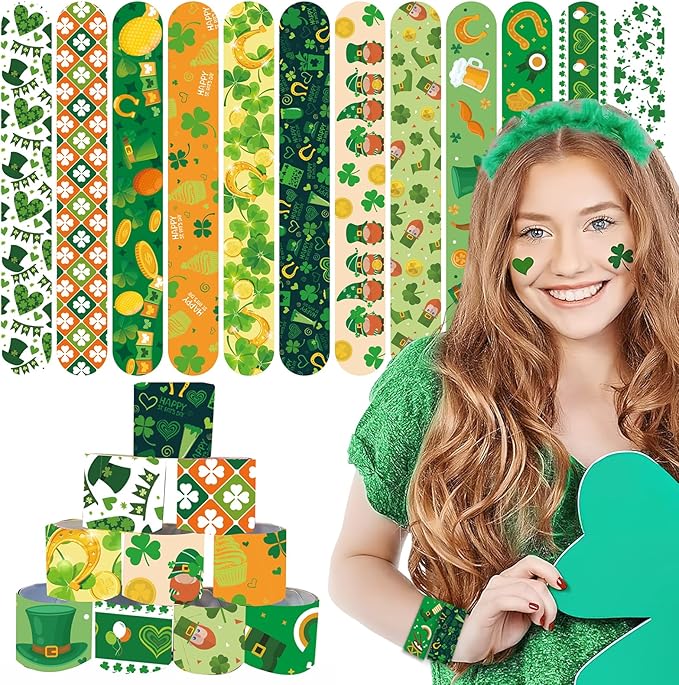24Pcs St. Patrick's Day Slap Bracelets Green Shamrock Hat Beer Slap Bands Irish Clover Wristbands Snap Bracelets for Boys Girls Women Birthday Saint Patrick's Party Supplies