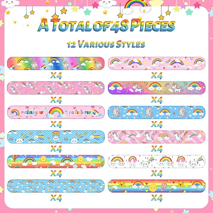 48PCS Rainbow Party Favors Rainbow Unicorn Slap Bracelets Wristbands for Rainbow Unicorn Birthday Decorations Supplies Goodie Bag Fillers for Boys Girls