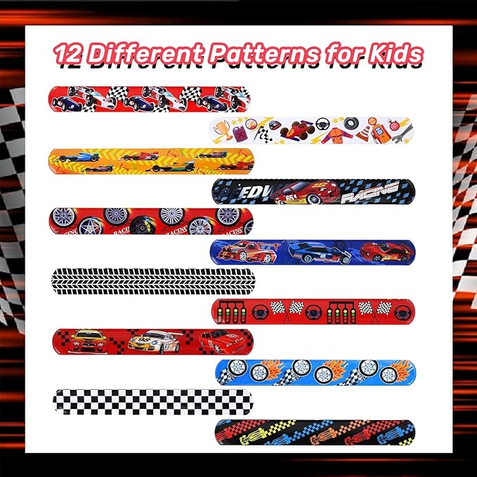 60pcs Hot Car Party Favors for Kids Bulk Slap Bracelets with Race Cars Theme Snap Bracelet for Kids, Goodie Bags Stuffers for Birthday Party, Treasure Box Toys for Classroom Prizes