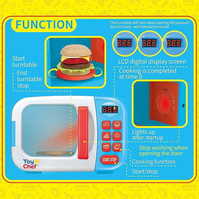 Kids Microwave Oven Toy, Pretend Play Kitchen, Electronic Bright Colored Microwave with Lights and Toy Food