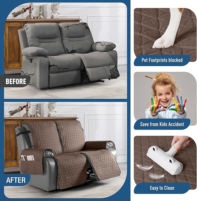 TAOCOCO 100% Waterproof Loveseat Recliner Cover-Recliner Cover with Non-Slip Granule, Recliner Chair Covers with Elastic Band,Washable Recliner Chair/Furniture Protector for Pets(Brown, 2 Seater)