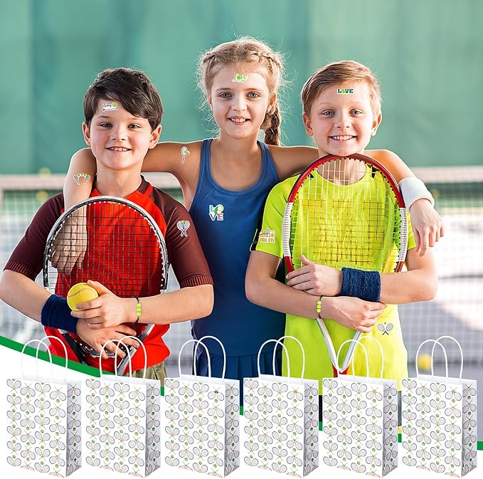 98 Pcs Tennis Party Favors, Tennis Party Decorations Includes 50 Tennis Stickers 12 Mini Tennis Racket Keychain 12 Tennis Charm Bracelets 12 Tennis Racket Shape Pens 12 Party Paper Bags