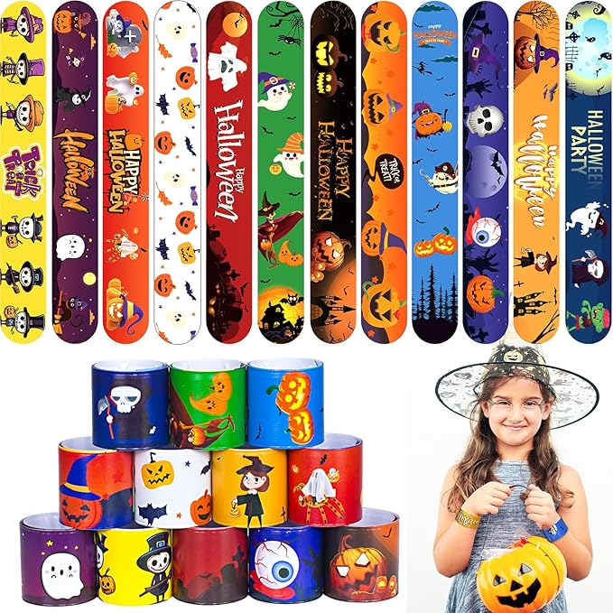 48 Pcs Halloween Slap Bracelets, 12 Styles for Halloween Party Favors, Assorted Bulk Pumpkin Zombie Witches Snap Bracelet Wristbands for Kids Halloween Party Gift Bag Filler Supply