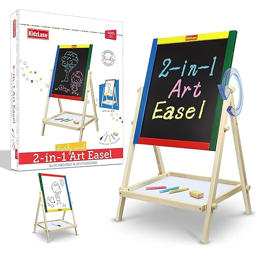 Kidzlane Art Easel for Kids 2-4 - Wooden Toddler Easel - Double Sided Standing Chalkboard/Dry Erase Board for Kids - Toddler Drawing Board with Accessories - 25.75 Inches Blackboard and Whiteboard