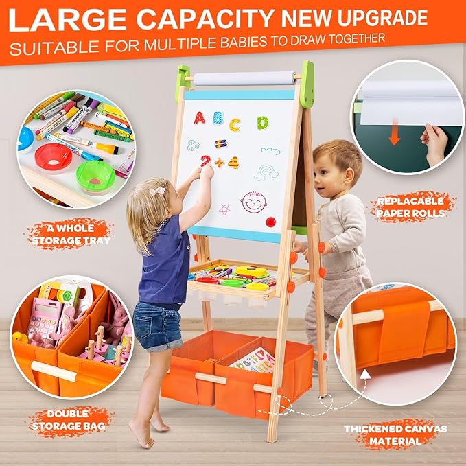 Kids Easel Including 100+ Accessories, Rundad Double Sided Wooden Easel for Kids Age 3-8 with Magnetic Chalkboard & Painting Board, Free Height Adjustable Art Easel Supplies for Toddlers