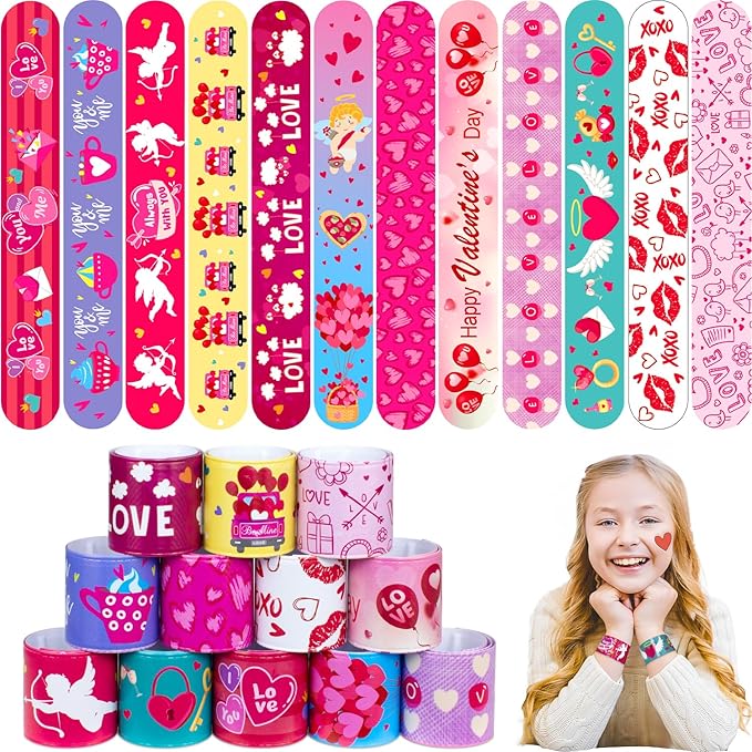 48PC Valentines Slap Bracelets for Kids, Party Favors & Goodie Bag Fillers, Valentine’s Day Gifts for Students & Classrooms