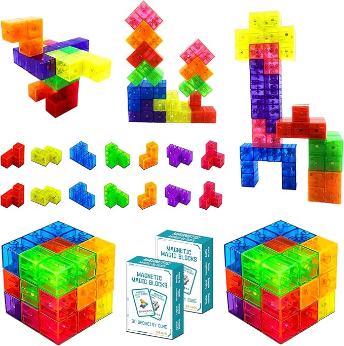 Magnetic Building Blocks Magic Magnetic 3D Puzzle Cubes, Set of 14 Multi Shapes Magnetics Blocks with 108 Guide Cards,Parent-Child Interactive Children's Educational Toys (14color)