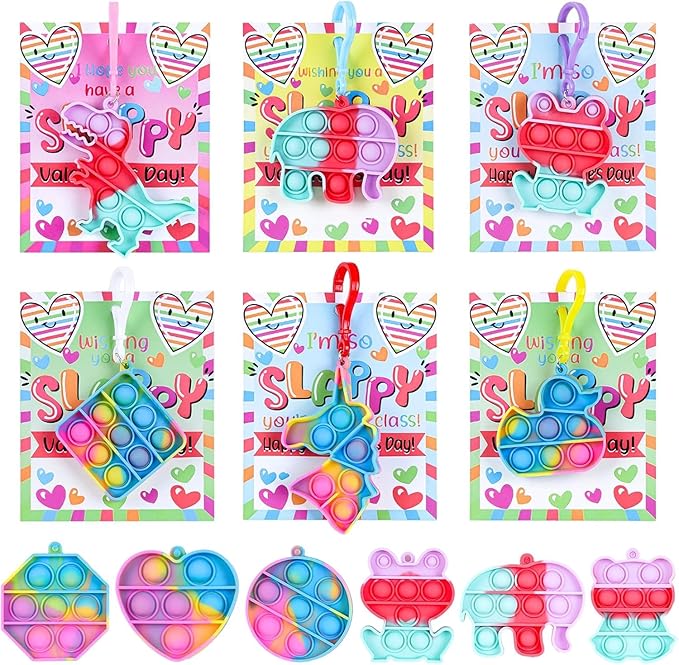 24 Packs Valentines Day Gifts for Kids,Valentines Pop Fidget Toys Bulk with Keychain for Kids School Class Classroom Valentines Day Cards Gifts Prizes Party Favors