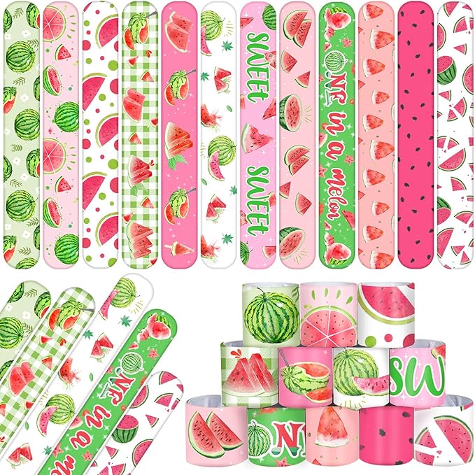 48PCS One In a Melon Watermelon Party Favors Slap Bracelets Watermelon First Summer Birthday Party Supplies Decorations for Baby Shower One In a melon Outfits 1st Birthday Fruit Theme Party Supplies