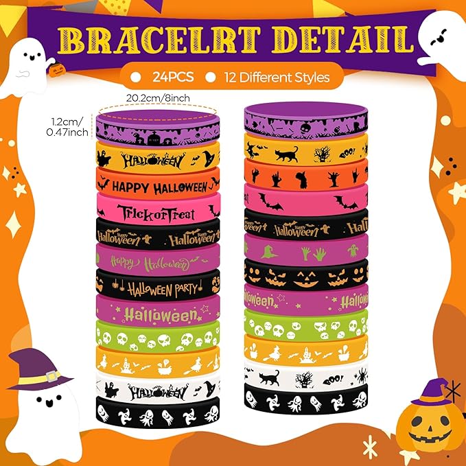 48 Pcs Halloween Pencils Halloween Rubber Bracelets Set Halloween Party Favors for Kids Ghost Pumpkin Skeleton Bat Spider Pencils Silicone Wristbands Trick or Treat Gifts Classroom Gifts for Students