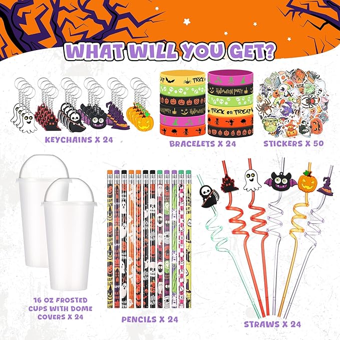 24 Set Halloween Party Favors Gift Cups Filler for Students, Halloween Goodie Bag Fillers, Halloween Treats Non Candy, Halloween Keychain Pencil Straw Silicone Bracelet for Classroom Gifts