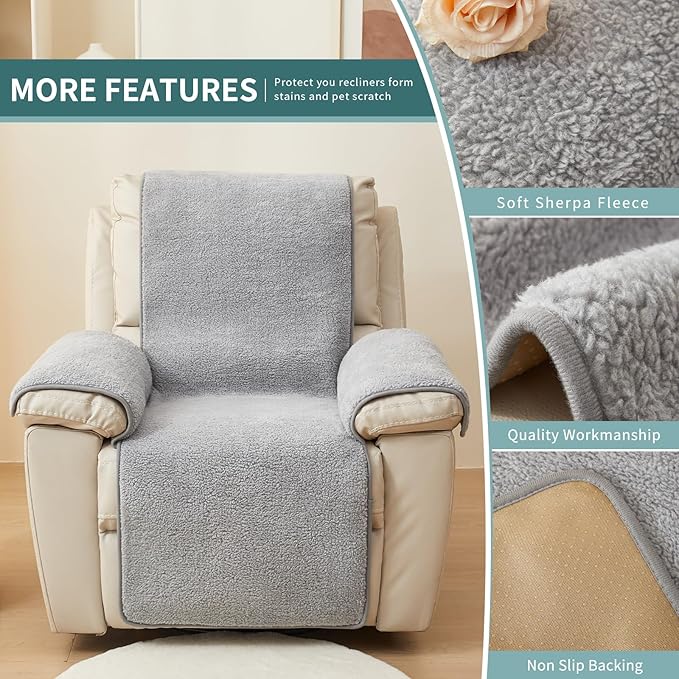 vctops Sherpa Fleece Recliner Chair Cover Super Soft Warm Plush Sofa Slipcover Furniture Protector Non Slip Washable Reclining Chair Cover for Kids, Pets (Light Grey,30"x91")
