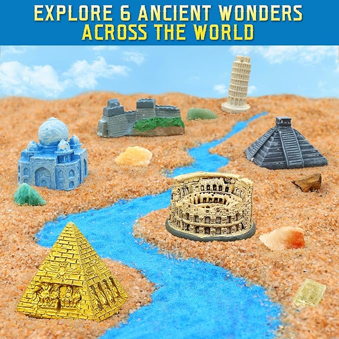 Ancient Wonders Dig Kit, Excavate 6 Famous Landmarks Figurines & 6 Rocks, with History Learning Cards, Wonders of The World Toy Archaeology Set, STEM Party Favor Gifts for Boys & Girls Age 6+