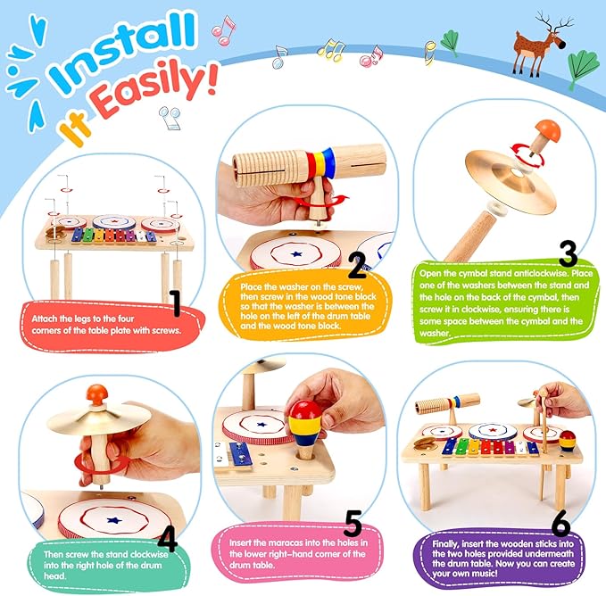 Kids Drum Set, Baby Musical Instruments Toys for Toddlers, 9 in 1 Wooden Xylophone Toddler Drum Set Percussion Instruments Musical Toys Birthday Gifts for Children Boys and Girls